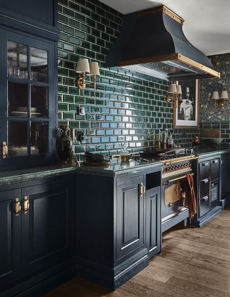 Officine Gullo, Gothic Kitchen, Green Tiles, Beautiful Kitchen Designs, Dark Home Decor, Dark Home, Blue Cabinets, Dark Cabinets, Gothic House