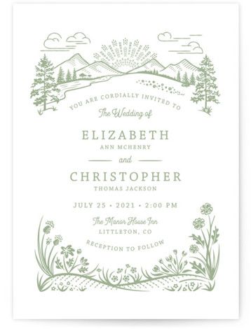 A mountain range and prairie flowers are featured in this rustic wedding invitation. Paper Sun, Wildflower Wedding Invitations, Wedding Address, Green Wedding Invitations, Letterpress Invitations, Letterpress Wedding, Letterpress Wedding Invitations, Beach Wedding Invitations, Wildflower Wedding