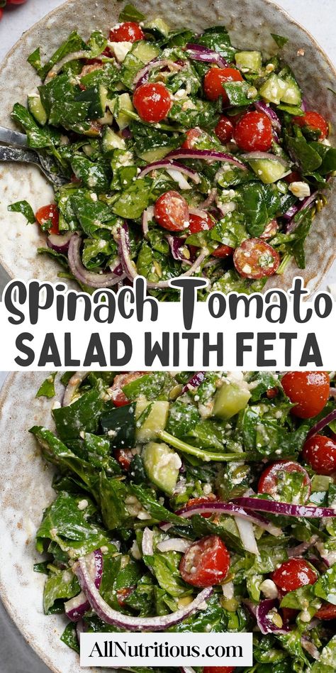 If you are looking for tasty vegetarian recipes for your low calorie diet you will love this spinach tomato salad. Make this quick recipe for a healthy low calorie lunch or side dish you will love. #salad #LowCalorie