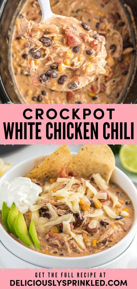 This warm comfort food for dinner is one of the best! Filled with shredded chicken, black beans, cream cheese, and more, this slow cooked chili is a bowl of creamy, delicious soup. Plus, this Crockpot White Chicken Chili Recipe is the perfect weeknight meal! Crockpot Chicken Chili Recipes, White Chicken Chili Recipe Crockpot, Creamy Chicken Chili, Chicken Black Beans, White Chicken Chili Slow Cooker, White Chicken Chili Recipe, Slow Cooker Chicken Chili, Creamy White Chicken Chili, Crockpot White Chicken Chili