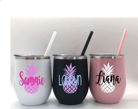 "Pineapple Wine Tumbler with Straw and Lid Tropical Wine Cup Beach Wine Tumbler Bachelorette Party Cup Bridesmaid Gift Pineapple Wedding * Q U I C K * F A C T S * ✺ This price is for one tumbler only ✺ Tumbler Colors: Matte Black, Carnation Pink, Marble and Gloss White ✺ These are 12 oz double wall 18/8 stainless steel copper coated, vacuum insulated travel tumblers with a powder coated finish that protects against chips and scratches. ✺ Each tumbler measures: 4.5\" H x 3.25\" Diameter ✺ Each tu Pineapple Wine, Pineapple Wedding, Pineapple Tumbler, Bachelorette Party Cups, Funny Wine, Wine Cup, Cup Ideas, Tumbler Ideas, Cricut Joy