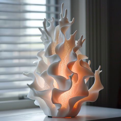 Introducing the “Coral Breeze” lamp: Inspired by the delicate beauty of coral formations, this lamp features a base mimicking the texture and hues of underwater reefs, adding a touch of coastal charm to any space. Conceptual AI Art Follow @ecosapiens for more! Ceramic Light Sculpture, Sea Lamp, Nature Lamp, Light Art Design, Coral Texture, Coral Lamp, Lamp Inspired, Coral Sculpture, Ceramic Lamps