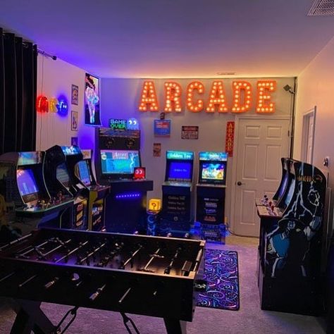 Arcade1Up Official on Instagram: “Think you have the best at home arcade? Show us your love for the cabinets by submitting your #GameCaves at the weblink in our BIO. Select…” Arcade Living Room Ideas, Arcade At Home, Arcade In House, Basement Arcade Room, Arcade Living Room, Arcade Room Aesthetic, Arcade Room Ideas, Arcade Room In House, Home Arcade Room