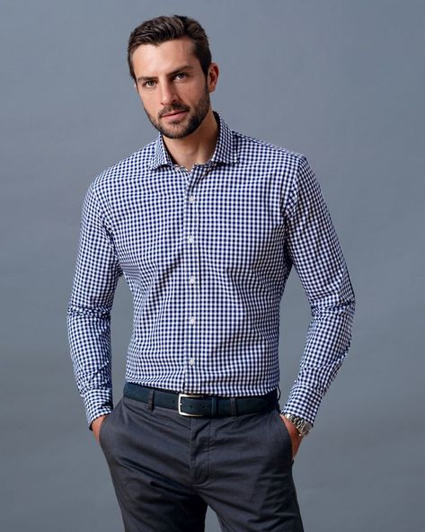 Fashion Jeans Outfit, Custom Dress Shirts, Proper Cloth, Mens Business Casual Outfits, Formal Men Outfit, Mens Fashion Blazer, Navy Gingham, Formal Trousers, Shirt Casual Style