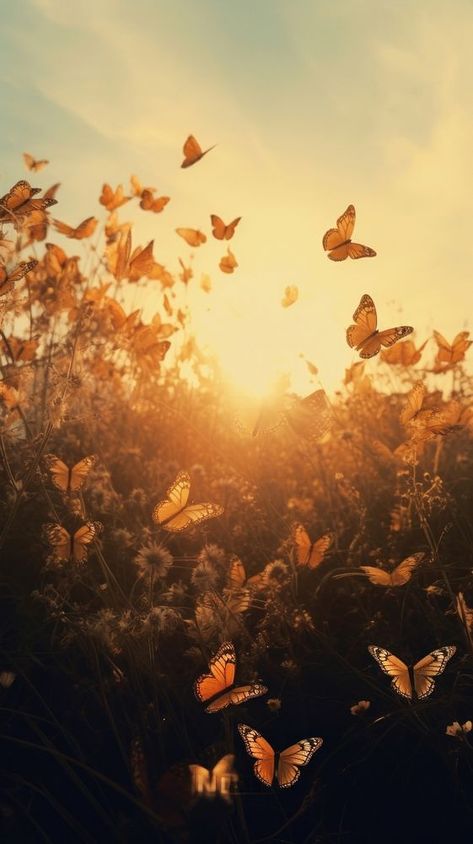 Field of butterfly photography sunlight outdoors.  | premium image by rawpixel.com Butterfly Field Aesthetic, Sunrise And Flowers, Iphone Wallpaper Autumn, Iphone Wallpaper Orange, Photography Sunlight, Orange Sunrise, Image Cloud, Wallpaper Autumn, Butterfly Photography