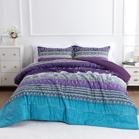 PRICES MAY VARY. 【Design】Mandala Comforter Set, Purple Floral Bohemian Boho Chic Medallion Pattern Printed, Soft Microfiber Bedding.Simple modern gift idea for teens, boys, girls, men or women.This soft comforter set can ensure longer durability to last for years with better shrink resistant than cotton fabric. 【Set】Full/Queen Size Information-Comforter size is 228cm*228cm(90"x90"),2XPillowcases sizes is 50x70cm(20"x26") 【Material】Soft microfiber, durable, fade-resistant and machine washable.Mic Bedding Simple, Bohemian Comforter, Mandala Paisley, Mandala Bedding, Art Deco Color, Boho Comforters, Bed Comforter Sets, Design Mandala, Fabric Set