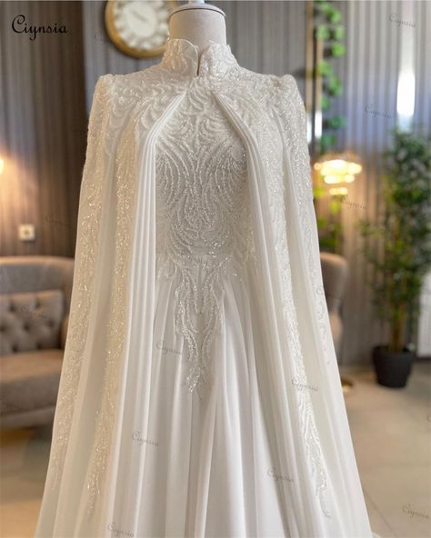 Ciynsia Luxury Long Sleeves Muslim Wedding Dress 2024 Bride Chiffon With Beading A-Line Bridal Gowns White Gown Dress, Muslim Wedding Gown, Nikah Outfit, Muslimah Wedding Dress, Muslimah Wedding, Dress With Cape, Bride Dress Simple, Muslim Wedding Dress, A Line Bridal Gowns