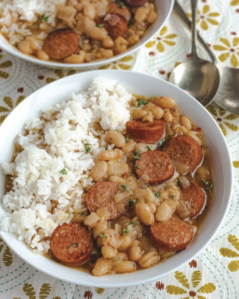 White Beans and Sausage – Garden & Gun White Beans Over Rice, Chicken Sausage And White Beans, White Bean And Sausage Skillet, White Beans And Sausage Crockpot, Cajun White Beans And Sausage, Bean And Meat Recipes, White Beans Sausage, Recipes Using Northern Beans, Cajun Beans And Sausage