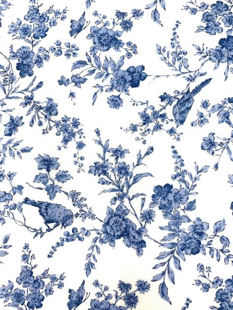 Toile De Jouy Style Bird Fabric, Cotton, Blue White Floral - Etsy Blue And White Floral Background, Blue Printed Fabric Texture, Blue Willow China Pattern, Blue Table Settings, Blue Willow China, Bird Fabric, Toile Print, Toile Pattern, Floral Toile