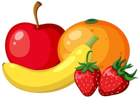 Grupo de frutas sobre fondo blanco. | Premium Vector #Freepik #vector #platano-dibujo #manzana #fresa-animada #manzana-animada Premium Vector, Collage, Pins