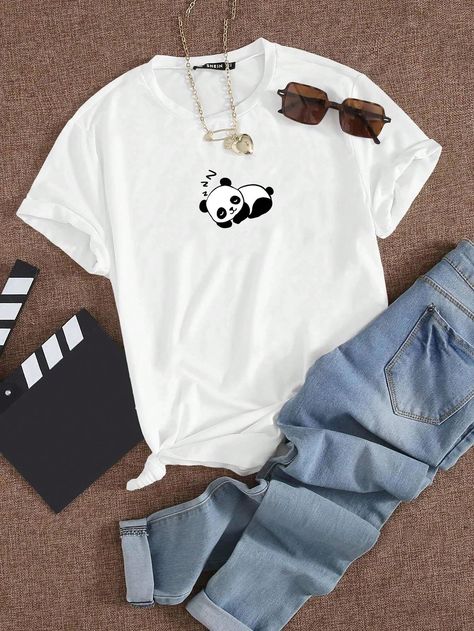 White Casual Collar Short Sleeve Fabric Cartoon  Embellished Slight Stretch Summer Women Clothing Cotton Tops Designs, Panda Print, Women T Shirts, Print Tee, Outfit Summer, White Casual, Printed Tees, Cotton Tops, Summer Women