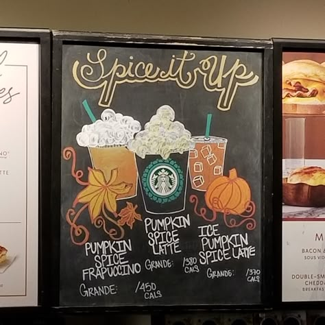 Starbucks fall menu Olive Smith, Fall Chalkboard Art, Summer Chalkboard Art, Halloween Chalkboard Art, Starbucks Crafts, Chalk Markers Art, Coffee Chalkboard, Christmas Chalkboard Art, Mural Cafe