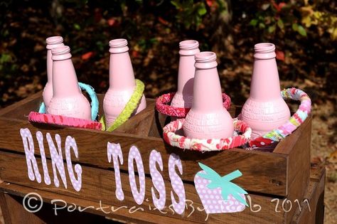 old fashioned ring toss: spraypaint bottles, DIY crate and fabric-wrapped bracelets for rings Sheriff Callie Birthday, Strawberry Shortcake Birthday, Rodeo Party, Horse Birthday Parties, Strawberry Shortcake Party, Western Birthday, Rodeo Birthday, Cowgirl Birthday Party, Horse Party