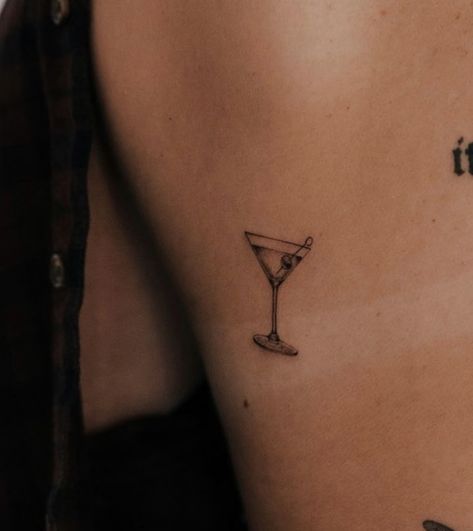 Small Alcohol Tattoo, Mini Cocktail Tattoo, Matching Martini Glass Tattoos, Small Martini Glass Tattoo, Dirty Martini Tattoo, Small Italian Tattoos, Martini Tattoo, Tiny Tattoos Ideas, Cocktail Tattoo