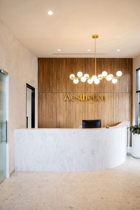 Commercial Waiting Area, Beautiful Reception Area, Office Reception And Waiting Area Design, Medspa Reception Area, Business Reception Area, Dermatologist Clinic Interior Design, Hotel Reception Design Luxury, Medspa Lobby, Skin Clinic Reception