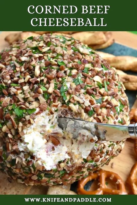 Corned Beef Cheese Ball • www.knifeandpaddle.com Cheese Ball With Corned Beef, Corn Beef Cheese Ball, Corned Beef Cheese Ball Recipes, Corned Beef Cheese Ball, Beef Cheese Ball Recipes, Cheesy Balls, Beef Cheese Ball, Classic Cheese Ball, Superbowl Recipes