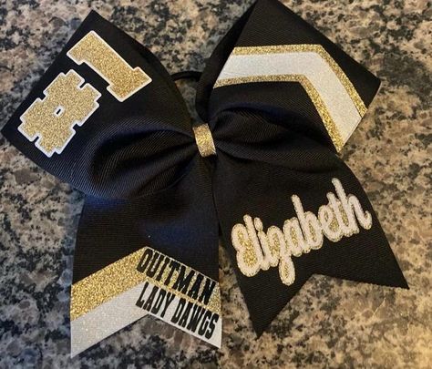 Softball bow in your custom colors/ Year on cheer bow/ Name on cheer bow/ Senior bows/ gold and black bows. Player bows for team. by lovelydesignsbyL on Etsy Cheer Bow Design Ideas, Senior Bows, Logo Message, Competition Bows, Sideline Cheer, Softball Bow, Black Bows, Glitter Heat Transfer Vinyl, Custom Bows