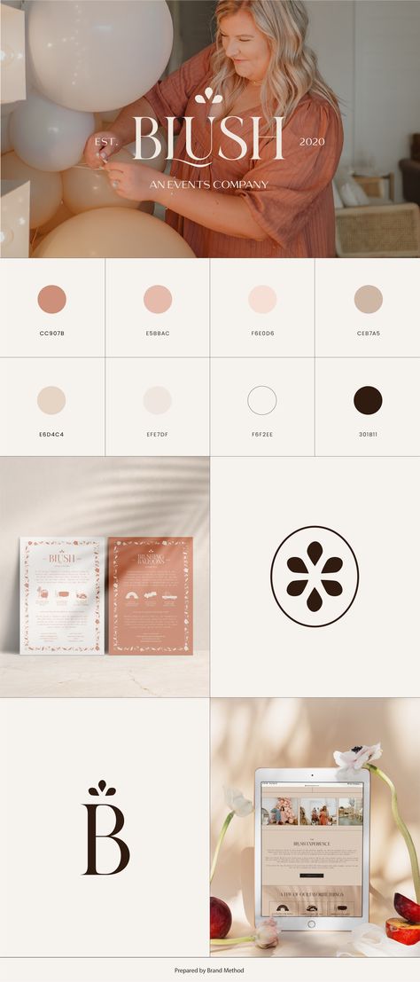 Dusty Pink Branding, Blush Pink Branding Color Palettes, Feminine Website Color Palette, Blush Branding Board, Brand Color Palette Feminine, Feminine Brand Board, Balloon Company Logo, Minimal Color Palette Brand Identity, Modern Feminine Color Palette