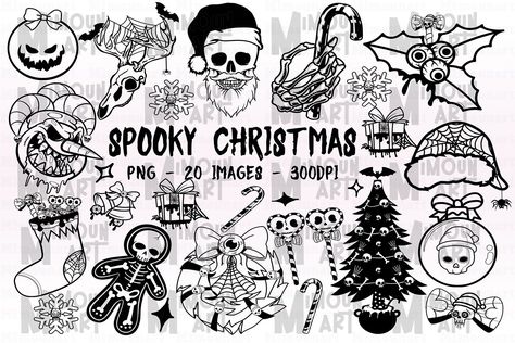 Spooky Christmas Tattoo, Christmas Black And White, Christmas Pastel, Doodle Christmas, Spooky Christmas, Christmas Digital Paper, Christmas Tattoo, Black And White Christmas, Spooky Black