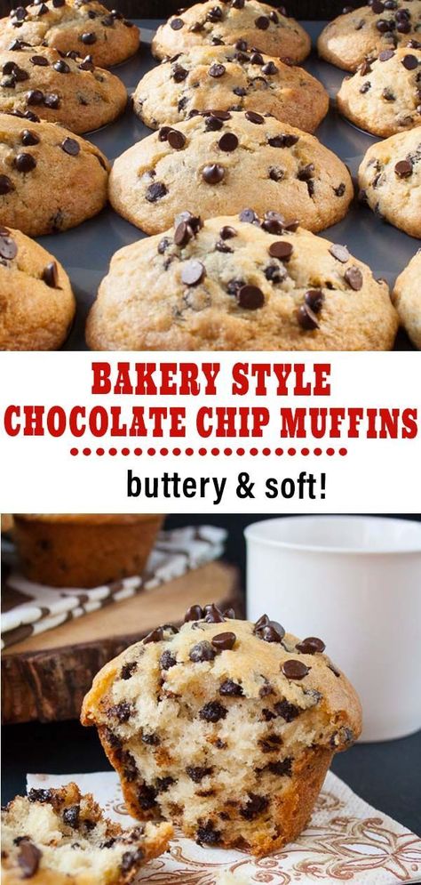 Bakery Style Chocolate Chip Muffins, Homemade Chocolate Chip Muffins, Best Chocolate Chip Muffins, Bolo Chiffon, Bakery Style Muffins, Homemade Chocolate Chips, Homemade Muffins, Chocolate Chip Recipes, Chocolate Chip Muffins