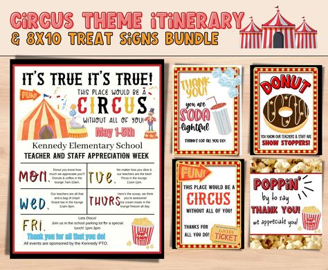 "Circus Big Top Teacher Appreciation week themed weekly itinerary 8.5x11\" flyer & Treat signs. What is Included? -PDF file with link to canva to edit flyer not all elements are editable. -12 Signs 8x10 NO ITEM WILL BE SHIPPED This listing is for a DIGITAL DOWNLOAD ONLY. Print settings* actual size/best quality on cardstock for best at home results. Terms of use for your purchase: Permitted for personal use only. DO NOT *Share or sell the digital file as your own, including use via email, websit Carnival Themed Teacher Appreciation, Teacher Appreciation Week Carnival Theme, Circus Themed Teacher Appreciation Week, Teacher Appreciation Carnival Theme, Teacher And Staff Appreciation Week, Teacher Appreciation From Pto, Teacher Appreciation Circus Theme, Carnival Teacher Appreciation Week, Teacher Appreciation Week Themes 2023