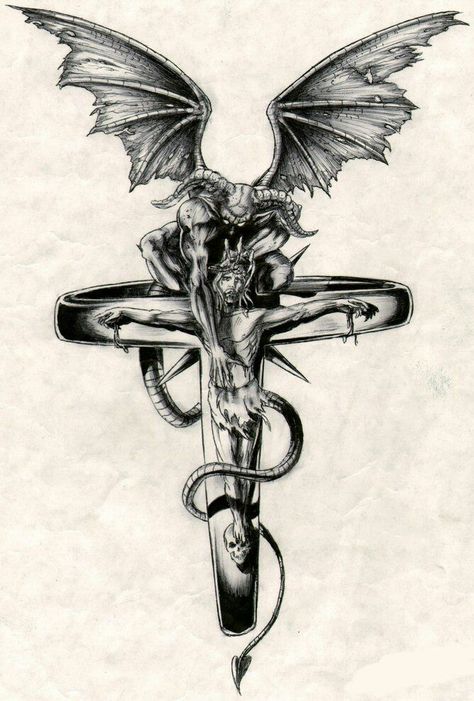 Cross With Snake, Satanic Tattoo Design, Angel Demon Tattoo, Angel Devil Tattoo, Pentagram Tattoo, Satanic Cross, Satanic Tattoos, Mens Tattoos, Dark Tattoos