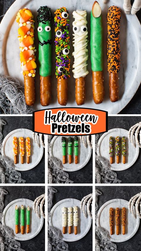 Chocolate-covered pretzel rods decorated as mummies, Frankenstein, candy corn, monsters, witch fingers, and Halloween sprinkles. Halloween Dipped Pretzels Rods, Halloween Pretzel Sticks Dipped, Halloween Party Pretzels, Halloween Themed Pretzels, Pretzels Halloween Treats, Halloween Pretzel Ghosts, Halloween Decorated Pretzels, Chocolate Covered Pretzel Sticks Halloween, Spiderweb Pretzel Rods