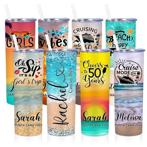 PRICES MAY VARY. 【Custom Travel Coffee Tumbler with Name】Are you still looking for a surprise and practical birthday or holiday gift? I believe that our personalized skinny tumblers with lids and straws are a great choice. Design your custom vacation tumblers just by clicking the "Customize Now" button, and entering the name or text. Our personalized cruise tumblers make great cups for your next Cruising Vacation! Whether for a family cruise, girls trip cups, girls weekend trip, cruise trip, bac Cruise Tumblers, Vacation Tumbler, Cruise Trip, Girls Tumbler, Girls Vacation, Bachelorette Trip, Beach Birthday, Family Cruise, Weekend Trip