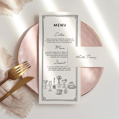 Editable Wedding Menu and Place Card Template Hand Illustrated, Whimsical Romantic Quirky Table Name Cards Menu Design Canva Download 012 Cricut Menu Cards, Wedding Menu And Name Cards, Dinner Party Name Cards, Menu And Place Card, Quirky Table, Illustration Elements, Whimsical Romantic, Menue Design, Table Name Cards