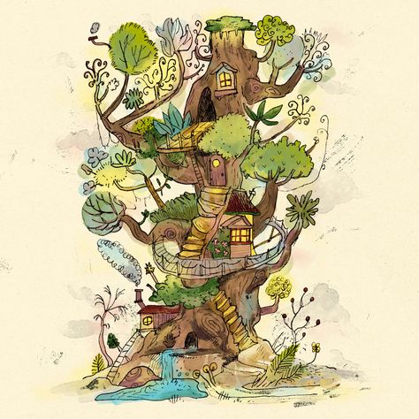 Beanstalk Drawing, Tree House Illustration, Treehouse Illustration, Map Projects, Ben And Jerrys, House Illustration, Animation Background, Folk Tales, Children's Book Illustration