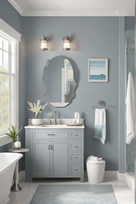 Step into tranquility with Grizzle Gray (SW 7068) in your bathroom. Discover how soft gray tones can transform your space into a relaxing oasis. #Ad #homedecor #homedesign #bathroom #Painthome interiorarchitecture best Wall Colors for Bathroom Colors Bright Room Colors best colors combinations bathroom bathroom Remodeling Modern Paint Colors 2024 Gray Blue Bathroom Walls, Greys And Blues Palette, Small Bathroom Paint Colors 2024, Grey Vanity Bathroom Wall Colors, Small Gray Bathroom Ideas, Gray Bathroom Paint, White Bathroom Paint Colors, Blue Gray Bathroom, Grizzle Gray