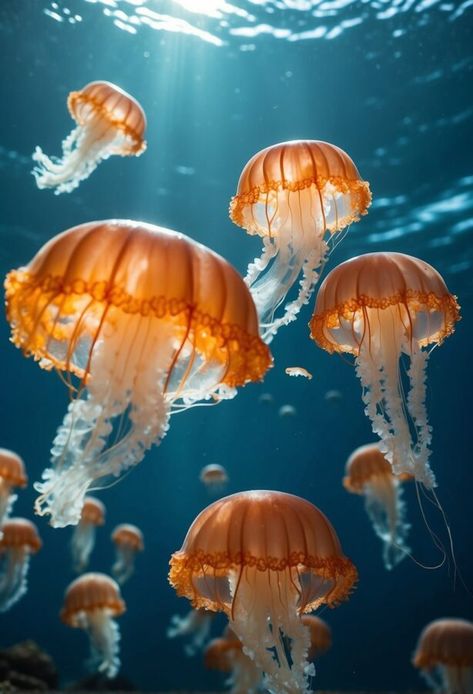 Orange jellyfish swimming in blue ocean water Jelly Fish Pictures, Jellyfish Photography Underwater, Sea Life Pictures, Sea Life Photography, Jelly Fishes, Orange Jellyfish, Aquarium Photography, Jellyfish Species, Ocean Life Photography