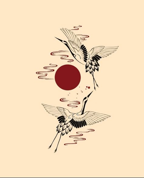 Crane Tattoo Design Ideas, Crane And Dragon Tattoo, Japanese Birds Drawing, Red Sun Tattoo Japanese, Japanese Sunset Tattoo, Japanese Sternum Tattoo, Crane Tattoo Japanese, Japanese Crane Tattoo Design, Japan Inspired Tattoo