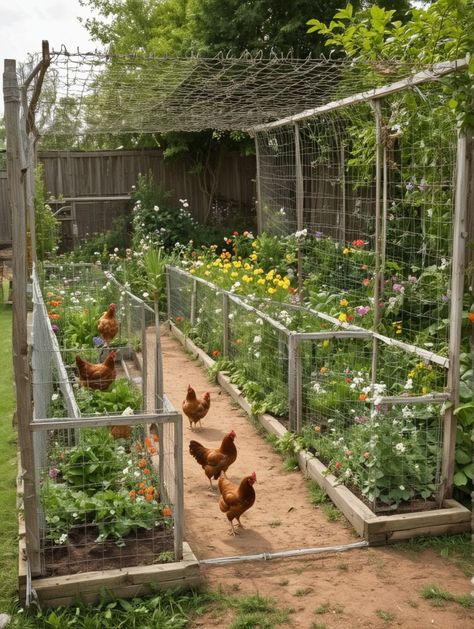 Pallet Fence Chicken Run, Diy Rustic Chicken Coop, Protect Garden From Chickens, Chicken Run Fence, Chicken Run Around Garden, Cheap Chicken Run Ideas, Chicken Coop Ideas Backyard, Hoop House Chickens, Cheap Chicken Run