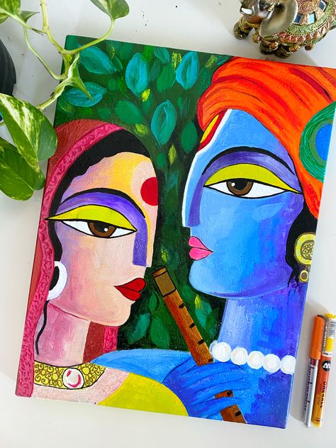 contemperory modern art style #Krishna #radha #acrylic #canvasart Modern Art Krishna Paintings, Modern Radha Krishna Painting, Radha Krishna Modern Art Paintings, Radha Krishna Painting On Canvas, Radha Krishna Modern Art, Texture Layers, Paint Shirt, Mithila Painting, Arty Ideas