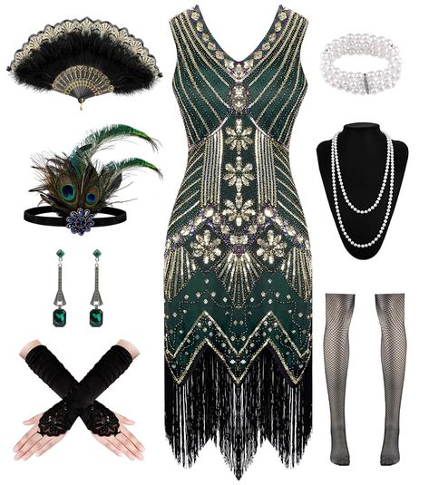 PRICES MAY VARY. Dress 20s Women's Set Packaging: 1 x sequin dress, 1 x lace fan, 1 x feather headband, 1 x long satin glove, 1 x pearl chain, 1 earring, 1 pearl bracelet, 1 x fishnet socks. The beautiful and exquisite decorations also contain popular elements of the time, such as tassels and beads, making these dresses of high quality and essential clothing for the roaring 1920s. Retro accessories of the 1920s women: Eye-catching lace folding fan add the finishing touch to your party decoration 20s Fringe Dress, Roaring 20s Outfits For Women, Popular Halloween Costumes 2024, 1920s Aesthetic Gatsby, Modern Gatsby Outfit, Gatsby Outfit Women, Vintage Outfits 20s, 1920s Outfit Ideas, Mafia Costume