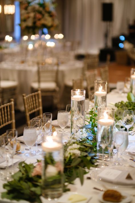 Centerpiece With Floating Candles, Garland Centerpiece, Table Garland, Long Table, Candle Centerpieces, Floating Candles, Hotel Wedding, Our Wedding, Floating