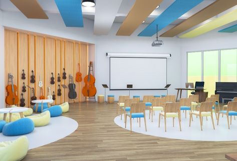 School Music Room Design, Music Classroom Design, Kindergarten Music Class, School Reception, Music Room Design, Kindergarten Interior, Preschool Designs, Kindergarten Music, Kindergarten Design