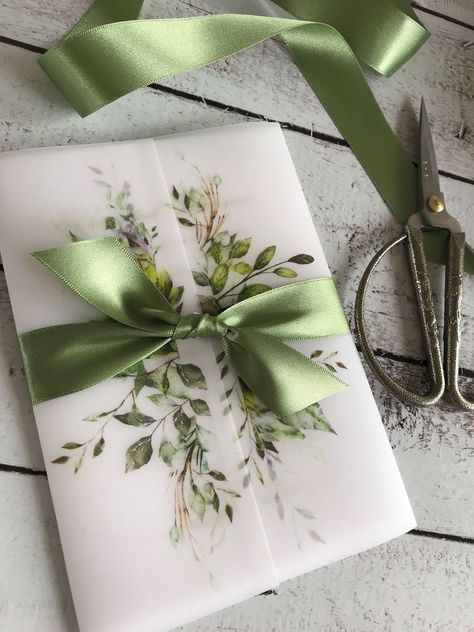 Wedding Invitations Sage Green, Vellum Wrap, Derbyshire England, Green Invitations, Foliage Design, Gift Wrapping Inspiration, Creative Wedding Invitations, Sage Wedding, Botanical Wedding Invitations