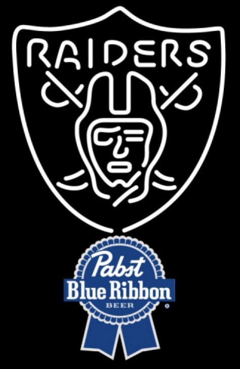 Pabst Blue Ribbon Oakland Raiders NFL Neon Sign 1 0024, Pabst with NFL Neon Signs | Beer with Sports Signs. Makes a great gift. High impact, eye catching, real glass tube neon sign. In stock. Ships in 5 days or less. Brand New Indoor Neon Sign. Neon Tube thickness is 9MM. All Neon Signs have 1 year warranty and 0% breakage guarantee. Diy Neon Sign, Neon Beer Signs, Light Fan, Metal Grid, Sports Signs, Neon Logo, Pabst Blue Ribbon, Raider Nation, Beer Signs