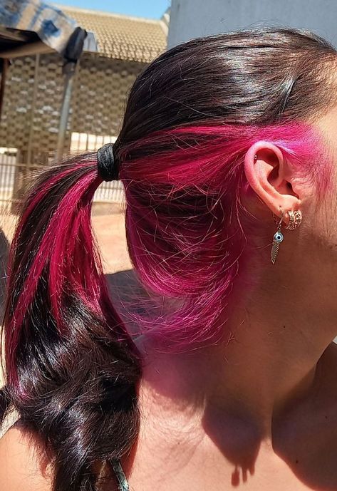 Under Part Of Hair Dyed Pink, Under Pink Hair Dye, Bright Pink Underneath Hair, Neon Pink Underneath Hair, Pink Underdye Hair Black, Hot Pink Underdye Hair, Pink Under Hair Dye, Black Hair With Hot Pink Underneath, Under Dyed Hair Pink