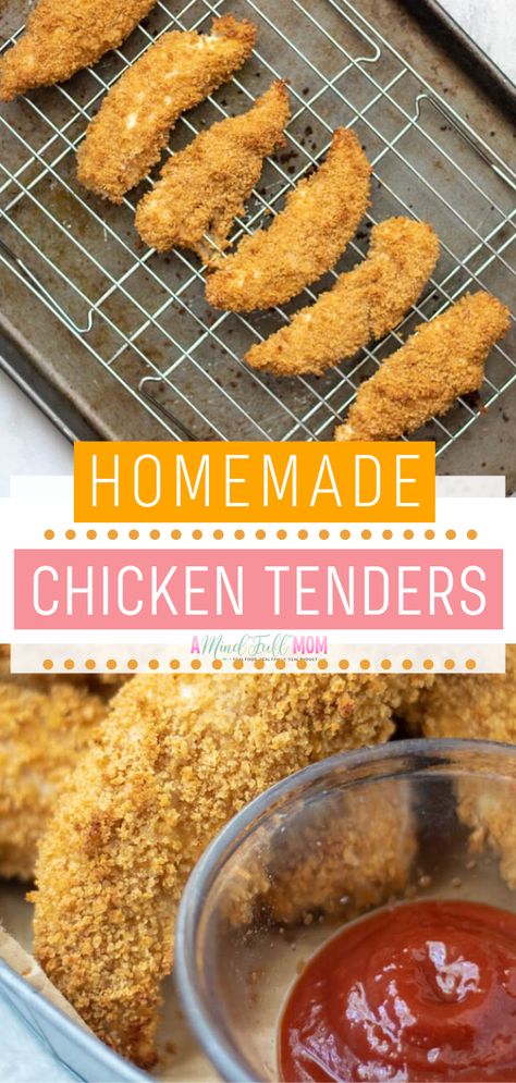 The best Homemade Chicken Tenders! This quick and easy healthy meal bakes up crispy with Panko bread crumbs. A family-friendly healthy recipe in less than 30 minutes. Delight everyone with these tasty chicken strips! Chicken Tenders Oven, Chicken Tender Recipes Easy, Chicken Tender Recipes Baked, Homemade Chicken Fingers, Easy Chicken Tenders, Homemade Chicken Strips, Chicken Fingers Baked, Homemade Chicken Tenders, Baked Chicken Strips