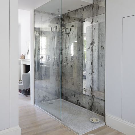 Mirror image: 9 ways to work looking-glass chic | Ideal Home Glass Backsplash Kitchen, Shower Style, Bad Inspiration, Marble Bathroom, Glass Shower, Shower Floor, Shower Enclosure, Beautiful Bathrooms, Shower Room