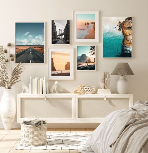 Travel Pictures Wall, Coastal Canvas Wall Art, Travel Prints Gallery Wall, Travel Collage Wall, Travel Wall Collage, Canvas Wall Collage, Beach Collage, Gallery Wall Printables, Wall Layout