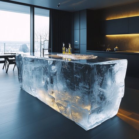 Introducing the Ice Cube Kitchen Island, a striking centerpiece designed to evoke the elegance and purity of a frozen glacier. Its smooth, translucent surface mimics the natural clarity of ice, with subtle frosted textures that catch the light, creating a cool and refreshing atmosphere in any kitchen. The sleek, angular design combines minimalist aesthetics with modern functionality, offering ample workspace and storage beneath its crystal-clear facade. Perfect for those who seek a bold, natu... Angular Design, Snow Queen, Event Ideas, The Ice, Ice Cube, Iceland, Crystal Clear, Room Inspiration, Vodka