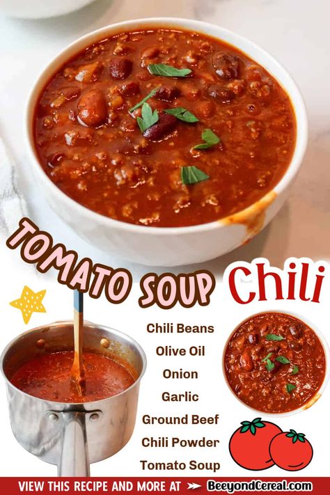 Chili Using Tomato Soup, Chili Made With Tomato Soup, Chili With No Tomatoes, No Tomato Chili Recipes, Recipes With Condensed Tomato Soup, Chili Recipe With Tomato Soup, Chili Soup With Noodles, Chili Made With Tomato Juice, Recipes With Tomato Soup Can