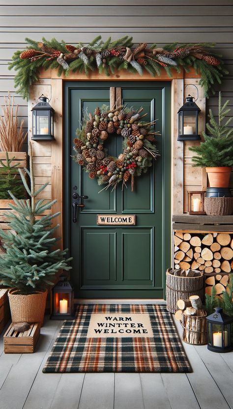 🎨 21 Stunning Door Decorating Ideas to Transform Your Entrance ✨ Small Evergreen Trees, Small Front Porch Ideas Entrance, Door Decorating Ideas, Rustic Front Porch, Cottage Front Doors, Fall Front Door Decor, Cabin Theme, Green Front Doors, Rustic Vintage Decor