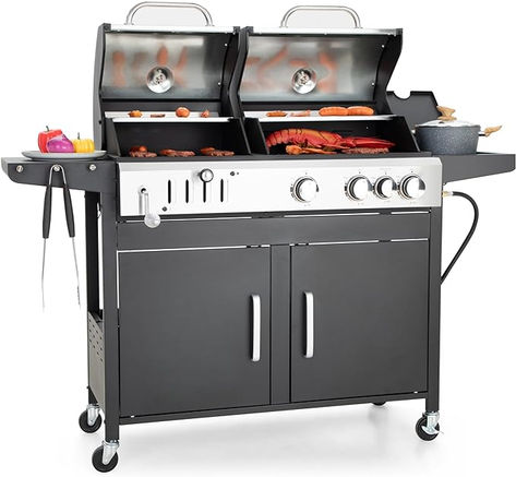 Owning this propane gas grill and charcoal grill combo means you can enjoy the convenience of gas-grilled dishes as well as the flavor of charcoal-grilled food. The charcoal grill and gas grill are independently controlled, and with a spacious 61-inch long cooking counter, you can cook and enjoy delightful barbecue moments with family and friends. Propane Grill, Cast Iron Grill, Propane Gas Grill, Grill Parts, Iron Grate, Gas Bbq, Backyard Barbecue, Cast Iron Cooking, Barbecue Recipes