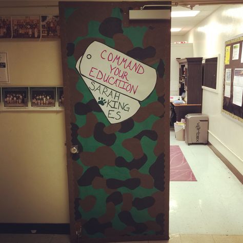 Army themed classroom door Boot Camp Theme Classroom, Camo Bulletin Board Ideas, Camo Classroom Theme, Bootcamp Classroom Transformation, Army Classroom Theme, Testing Themes, Christmas Door Ideas, Abc Bootcamp, School Wide Themes