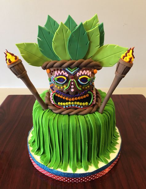 Luau Tiki Cake - Adrienne & Co. Bakery Tiki Cakes Birthday, Tiki Bar Cake Ideas, Tiki Cupcakes Hawaiian Luau, Hawaiian Cake Ideas For Men, Tiki Party Cake, Tiki Cake Ideas Hawaiian Luau, Tiki 40th Birthday Party, Tiki Theme Cake, Boys Luau Birthday Party